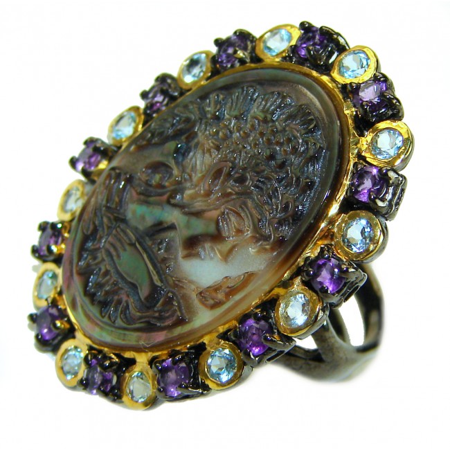 Vintage design Genuine Cameo Rainbow Abalone black rhodium over .925 Sterling Silver handcrafted Large ring; s. 8 1/2