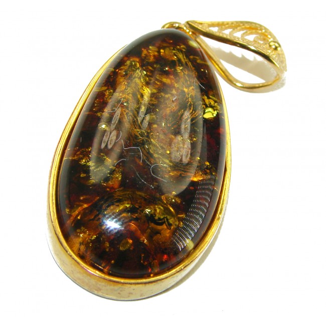 Best quality Large Cognac Baltic Amber 14K Gold over .925 Sterling Silver handmade Pendant