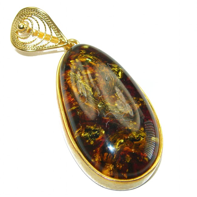 Best quality Large Cognac Baltic Amber 14K Gold over .925 Sterling Silver handmade Pendant