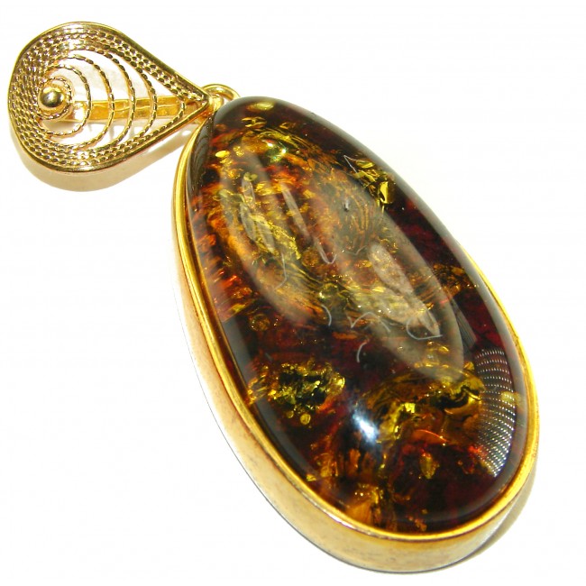 Best quality Large Cognac Baltic Amber 14K Gold over .925 Sterling Silver handmade Pendant