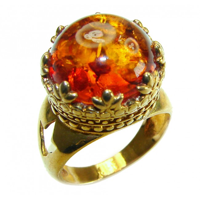 Golden Authentic Baltic Amber 14K Gold over .925 Sterling Silver handcrafted ring; s. 7