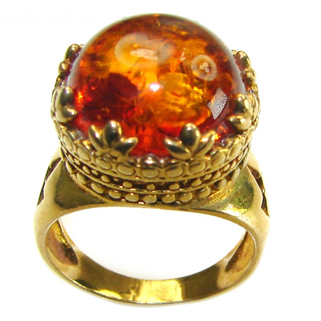 Golden Authentic Baltic Amber 14K Gold over .925 Sterling Silver handcrafted ring; s. 7