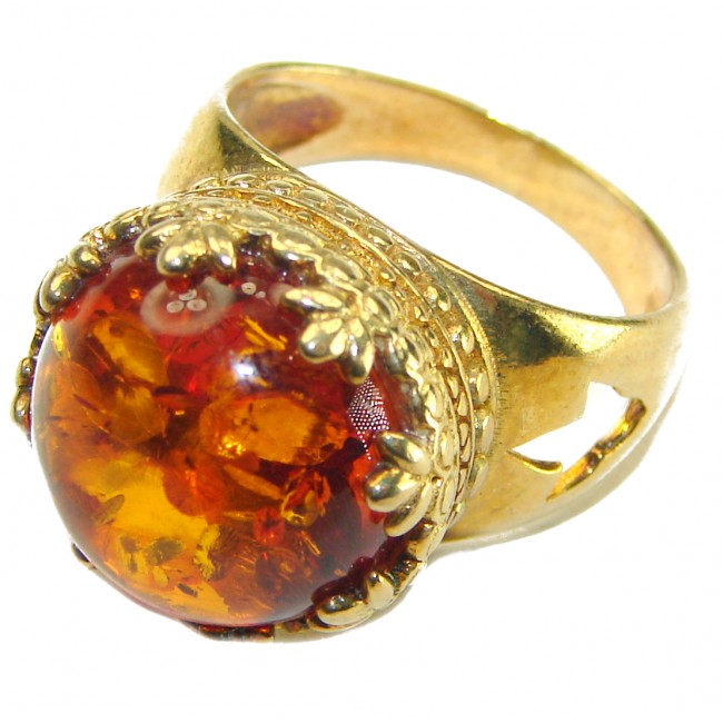 Golden Authentic Baltic Amber 14K Gold over .925 Sterling Silver handcrafted ring; s. 7