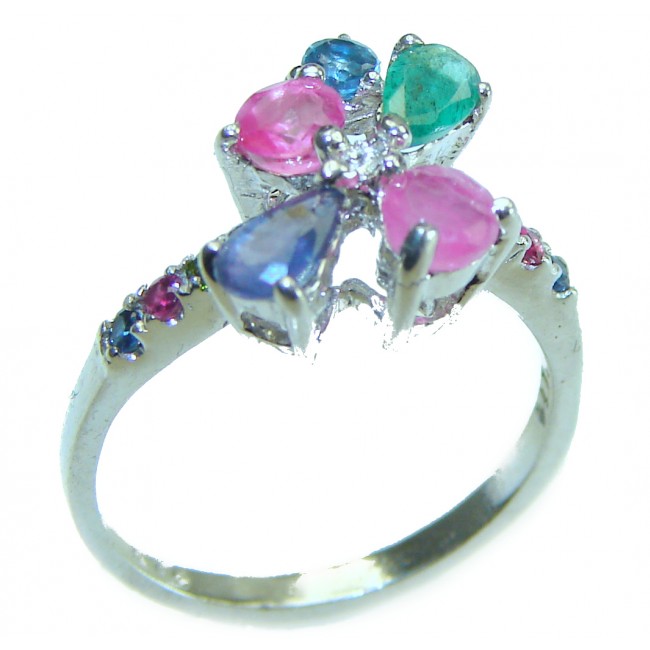 Authentic 4.3 carat Ruby Emerald Sapphire .925 Sterling Silver handmade Cocktail Ring s. 5 1/4