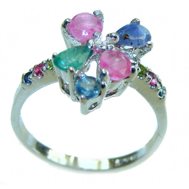 Authentic 4.3 carat Ruby Emerald Sapphire .925 Sterling Silver handmade Cocktail Ring s. 5 1/4