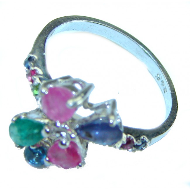 Authentic 4.3 carat Ruby Emerald Sapphire .925 Sterling Silver handmade Cocktail Ring s. 5 1/4