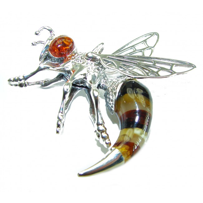 Real Masterpiece Honey Bee Baltic Polish Amber .925 Sterling Silver Handmade Pendant