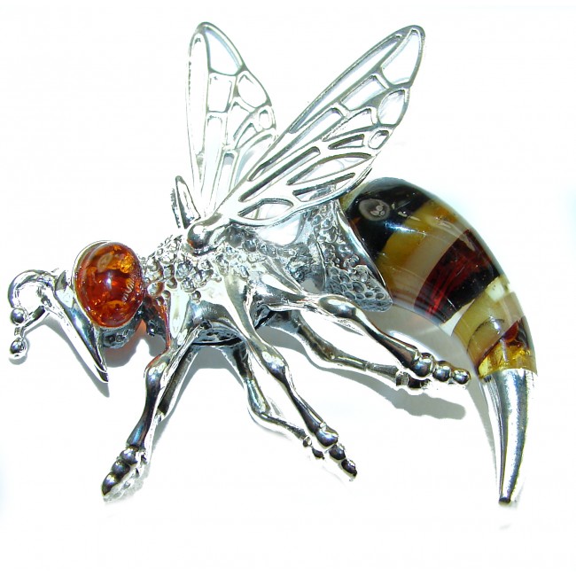 Real Masterpiece Honey Bee Baltic Polish Amber .925 Sterling Silver Handmade Pendant