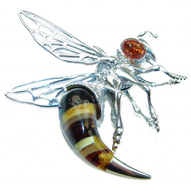 Real Masterpiece Honey Bee Baltic Polish Amber .925 Sterling Silver Handmade Pendant