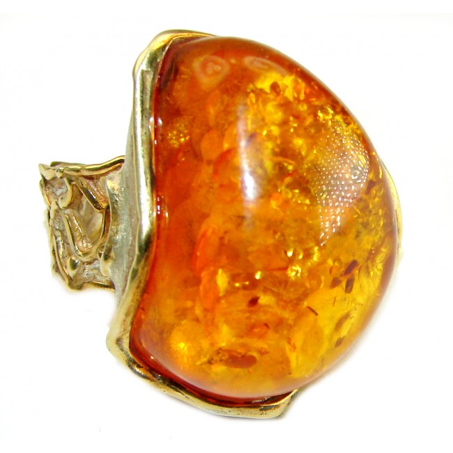 Giant natural Baltic Amber 2 tones .925 Sterling Silver handcrafted ring; s. 7 adjustable