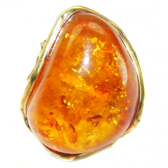 Giant natural Baltic Amber 2 tones .925 Sterling Silver handcrafted ring; s. 7 adjustable