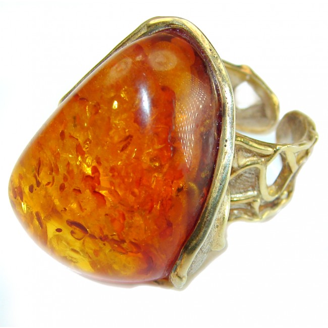 Giant natural Baltic Amber 2 tones .925 Sterling Silver handcrafted ring; s. 7 adjustable