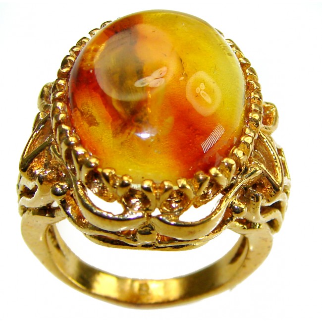 King of the Sea Golden Authentic Baltic Amber 14K Gold over .925 Sterling Silver handcrafted ring; s. 8 1/4