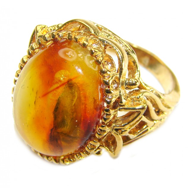 King of the Sea Golden Authentic Baltic Amber 14K Gold over .925 Sterling Silver handcrafted ring; s. 8 1/4