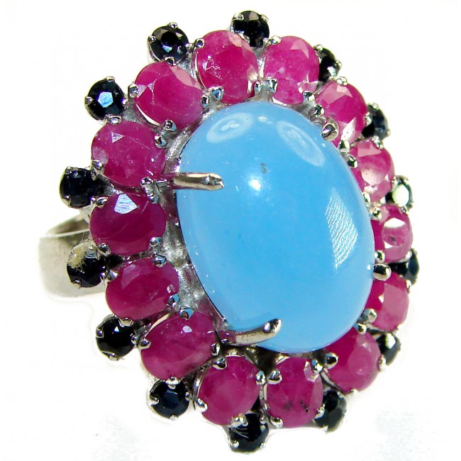 Vintage Design 45.2 carat Chalcedony Agate Ruby .925 Sterling Silver handcrafted ring Size 7