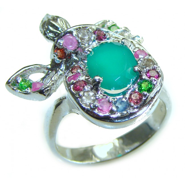 Vintage Style Jade Ruby .925 Sterling Silver handmade Cocktail Ring s. 7