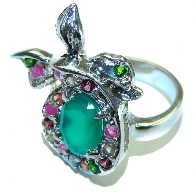 Vintage Style Jade Ruby .925 Sterling Silver handmade Cocktail Ring s. 7