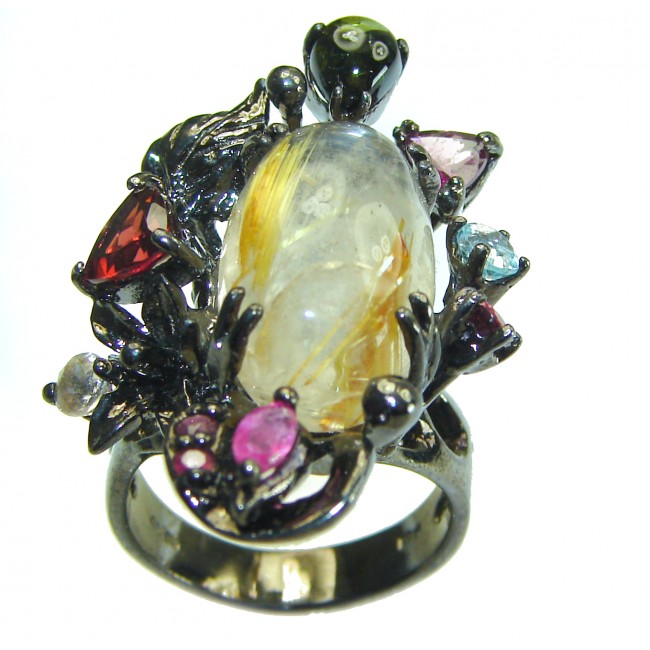 Pure Magic Best quality 9.5 carat Golden Rutilated Quartz black rhodium over .925 Sterling Silver handcrafted Ring Size 7