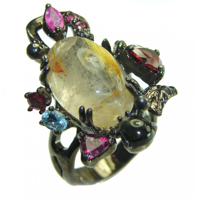 Pure Magic Best quality 9.5 carat Golden Rutilated Quartz black rhodium over .925 Sterling Silver handcrafted Ring Size 7