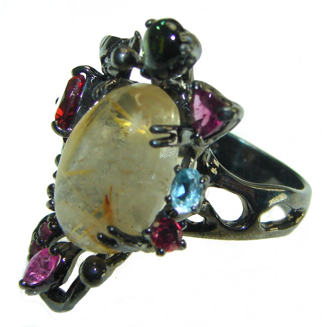 Pure Magic Best quality 9.5 carat Golden Rutilated Quartz black rhodium over .925 Sterling Silver handcrafted Ring Size 7