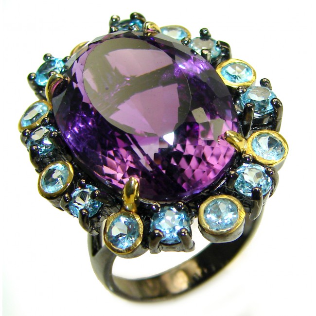 Dramatic design 36.8 carat Amethyst black rhodium over .925 Sterling Silver Handcrafted Ring size 8 1/2