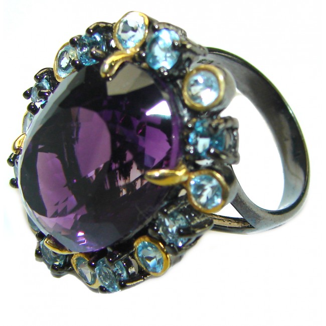 Dramatic design 36.8 carat Amethyst black rhodium over .925 Sterling Silver Handcrafted Ring size 8 1/2