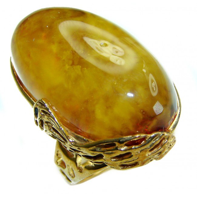 Giant natural butterscotch Baltic Amber14K Goald over .925 Sterling Silver handcrafted ring; s. 7 adjustable