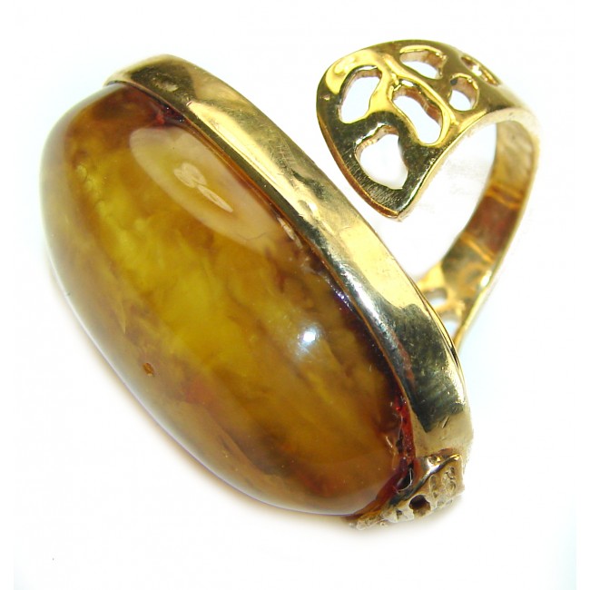 Giant natural butterscotch Baltic Amber14K Goald over .925 Sterling Silver handcrafted ring; s. 7 adjustable