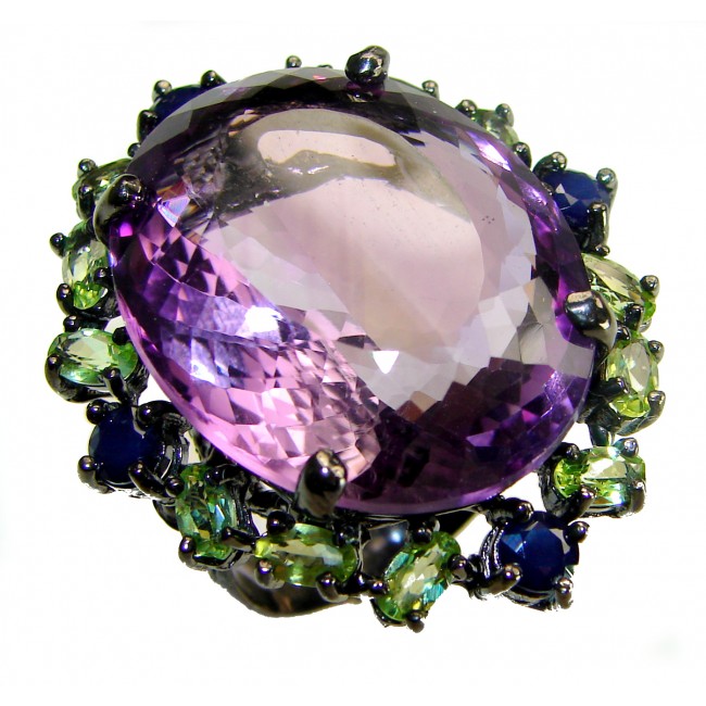 Dramatic design 47.8 carat Amethyst black rhodium over .925 Sterling Silver Handcrafted Ring size 9