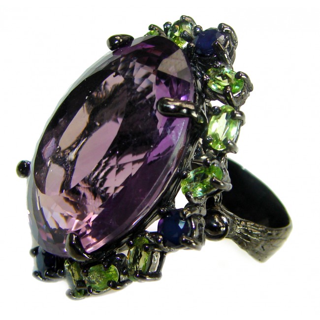 Dramatic design 47.8 carat Amethyst black rhodium over .925 Sterling Silver Handcrafted Ring size 9