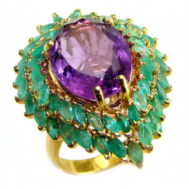 Elizabeth 22.8 carat Amethyst Emerald 14K Gold over .925 Sterling Silver Handcrafted Ring size 7