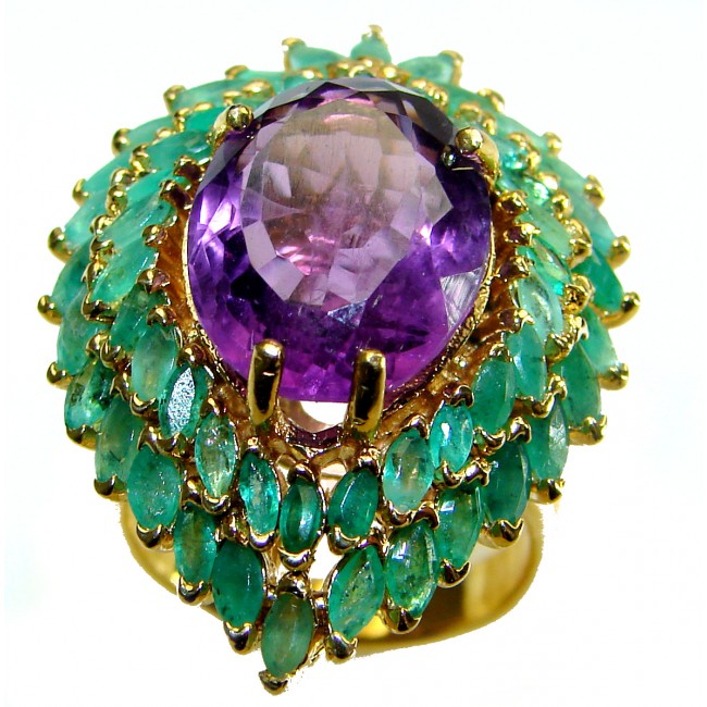 Elizabeth 22.8 carat Amethyst Emerald 14K Gold over .925 Sterling Silver Handcrafted Ring size 7