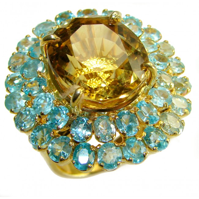 Alessandra 97.5 carat Champagne Smoky Topaz Aquamarine 18K Gold over .925 Sterling Silver Oversized Ring size 6 1/2