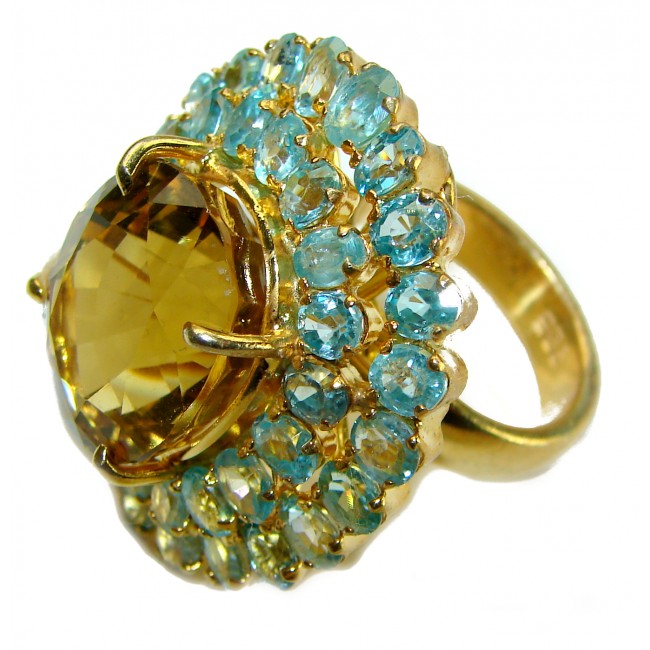 Alessandra 97.5 carat Champagne Smoky Topaz Aquamarine 18K Gold over .925 Sterling Silver Oversized Ring size 6 1/2