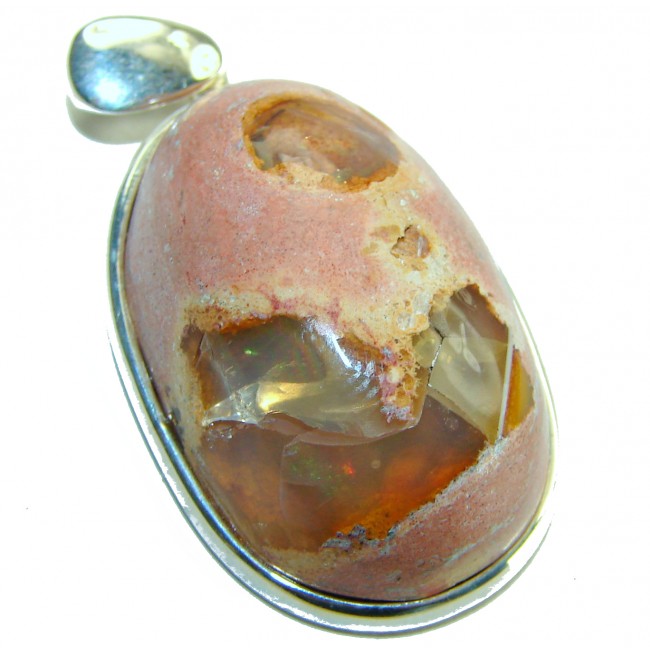 Natural 29.2 carat Mexican Fire Opal .925 Sterling Silver handmade Pendant