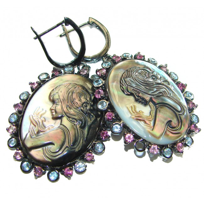 Vintage design Genuine Cameo Rainbow Abalone black rhodium over .925 Sterling Silver handcrafted Large Statement Earrings