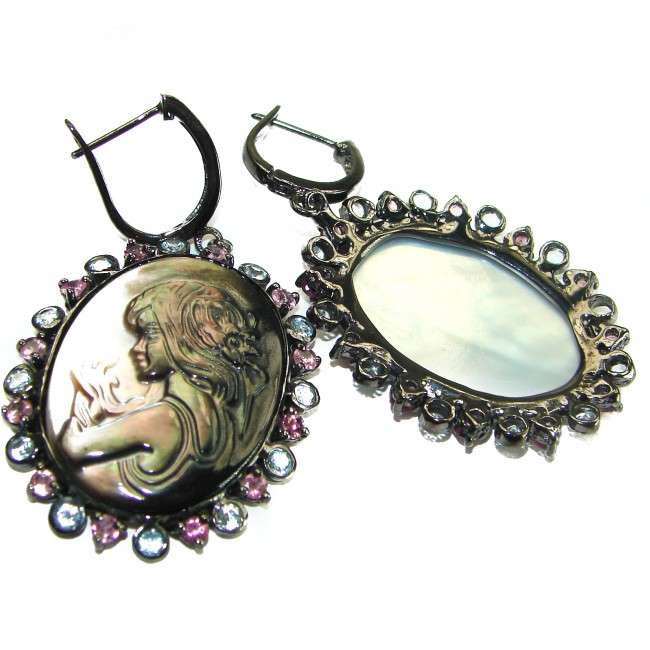 Vintage design Genuine Cameo Rainbow Abalone black rhodium over .925 Sterling Silver handcrafted Large Statement Earrings