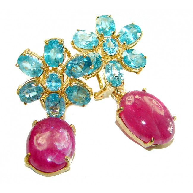 Purity Swiss Blue Topaz Ruby 14K Gold over .925 Sterling Silver handmade Large Statement earrings