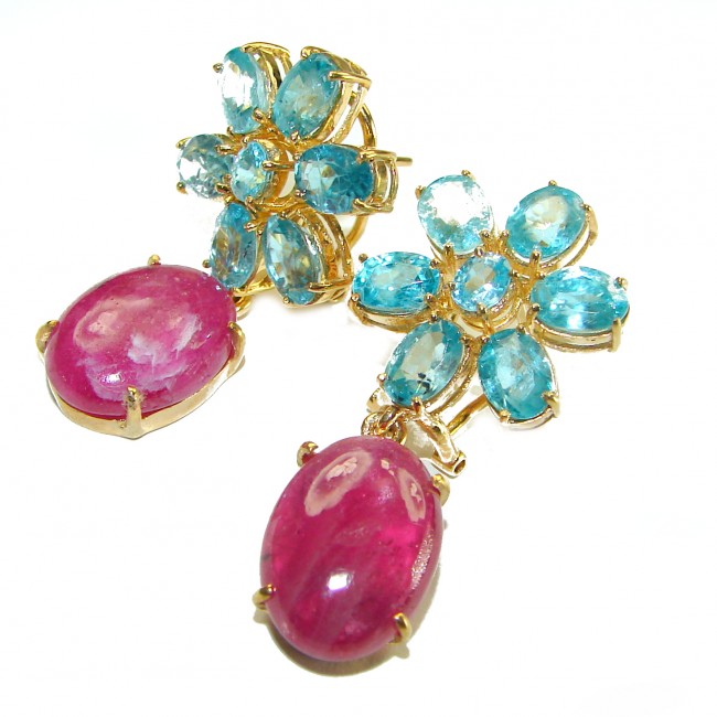 Purity Swiss Blue Topaz Ruby 14K Gold over .925 Sterling Silver handmade Large Statement earrings