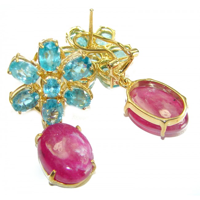 Purity Swiss Blue Topaz Ruby 14K Gold over .925 Sterling Silver handmade Large Statement earrings