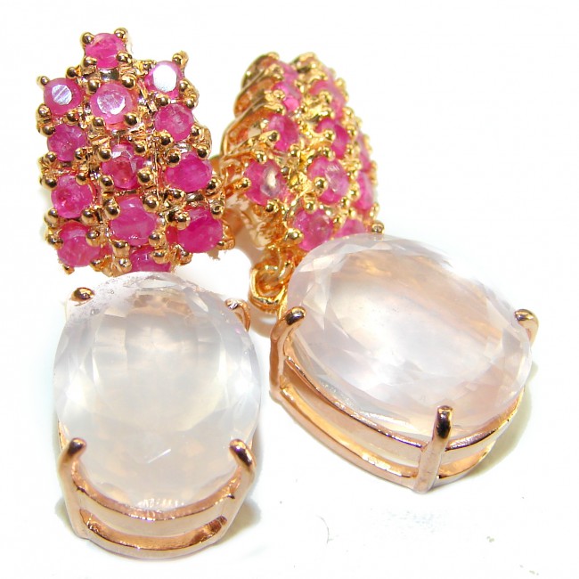 Juicy 14.2 carat Authentic Rose Quartz Ruby 18K Gold over .925 Sterling Silver handcrafted earrings