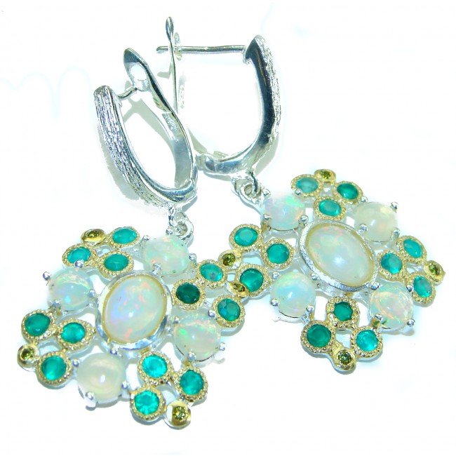 Emma - Authentic 11.2 carat Ethiopian Opal Emerald 2 tones .925 Sterling Silver handmade earrings