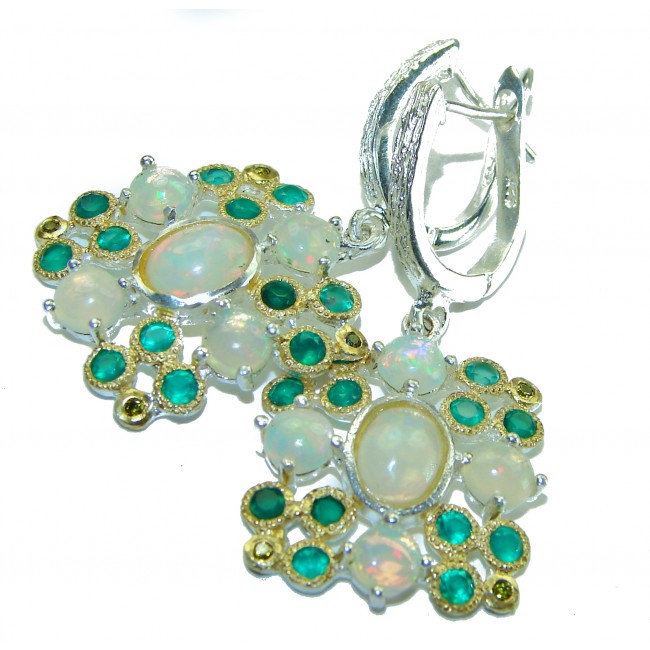 Emma - Authentic 11.2 carat Ethiopian Opal Emerald 2 tones .925 Sterling Silver handmade earrings