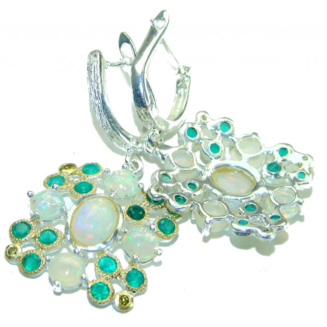 Emma - Authentic 11.2 carat Ethiopian Opal Emerald 2 tones .925 Sterling Silver handmade earrings