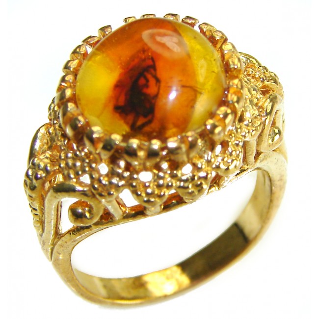 Golden Authentic Baltic Amber 14K Gold over .925 Sterling Silver handcrafted ring; s. 7