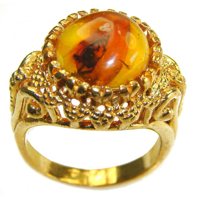 Golden Authentic Baltic Amber 14K Gold over .925 Sterling Silver handcrafted ring; s. 7