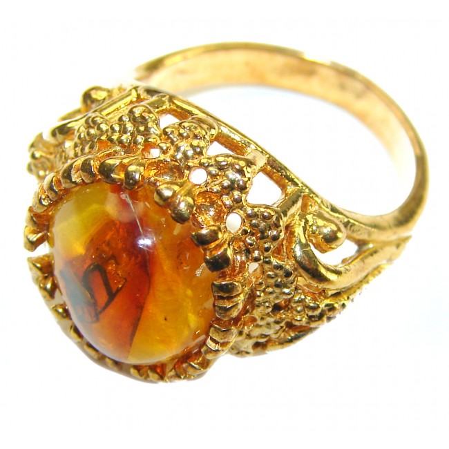 Golden Authentic Baltic Amber 14K Gold over .925 Sterling Silver handcrafted ring; s. 7