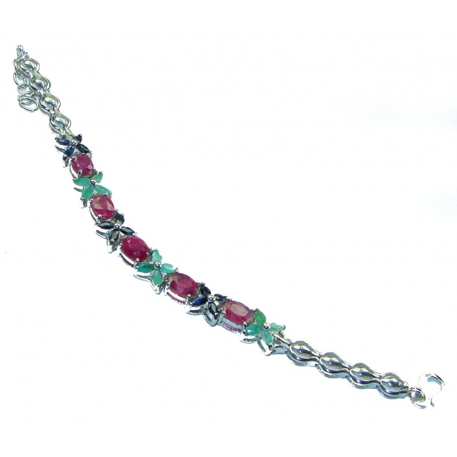 Isabella natural 88.5 carat Ruby Emerald Sapphire .925 Sterling Silver handmade Statement Bracelet