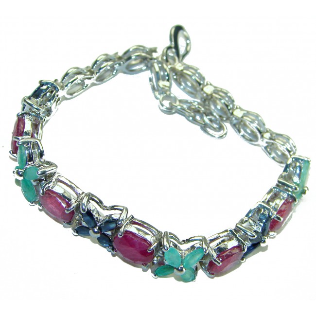 Isabella natural 88.5 carat Ruby Emerald Sapphire .925 Sterling Silver handmade Statement Bracelet