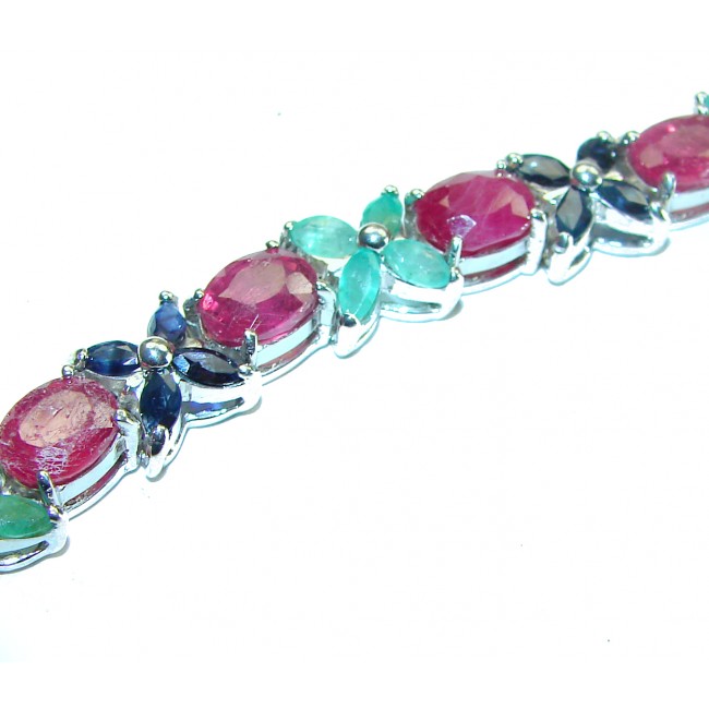 Isabella natural 88.5 carat Ruby Emerald Sapphire .925 Sterling Silver handmade Statement Bracelet